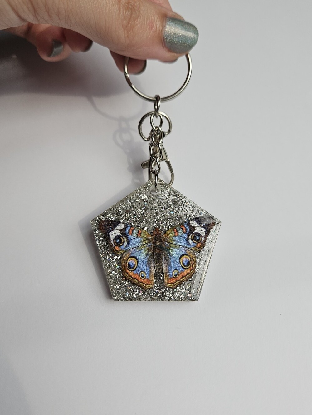 Butterfly & Holographic Silver Glitter Silver Resin Keychain